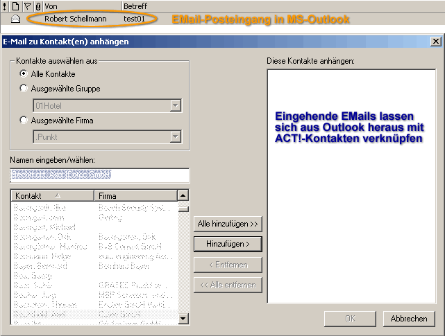 Screen Outlook E-Mail an Act! Kontakt anh&auml;ngen