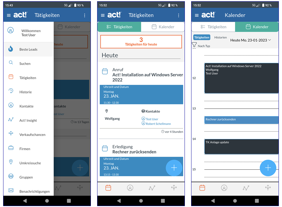 Act! Companion App Men&uuml; T&auml;tigkeiten Kalender